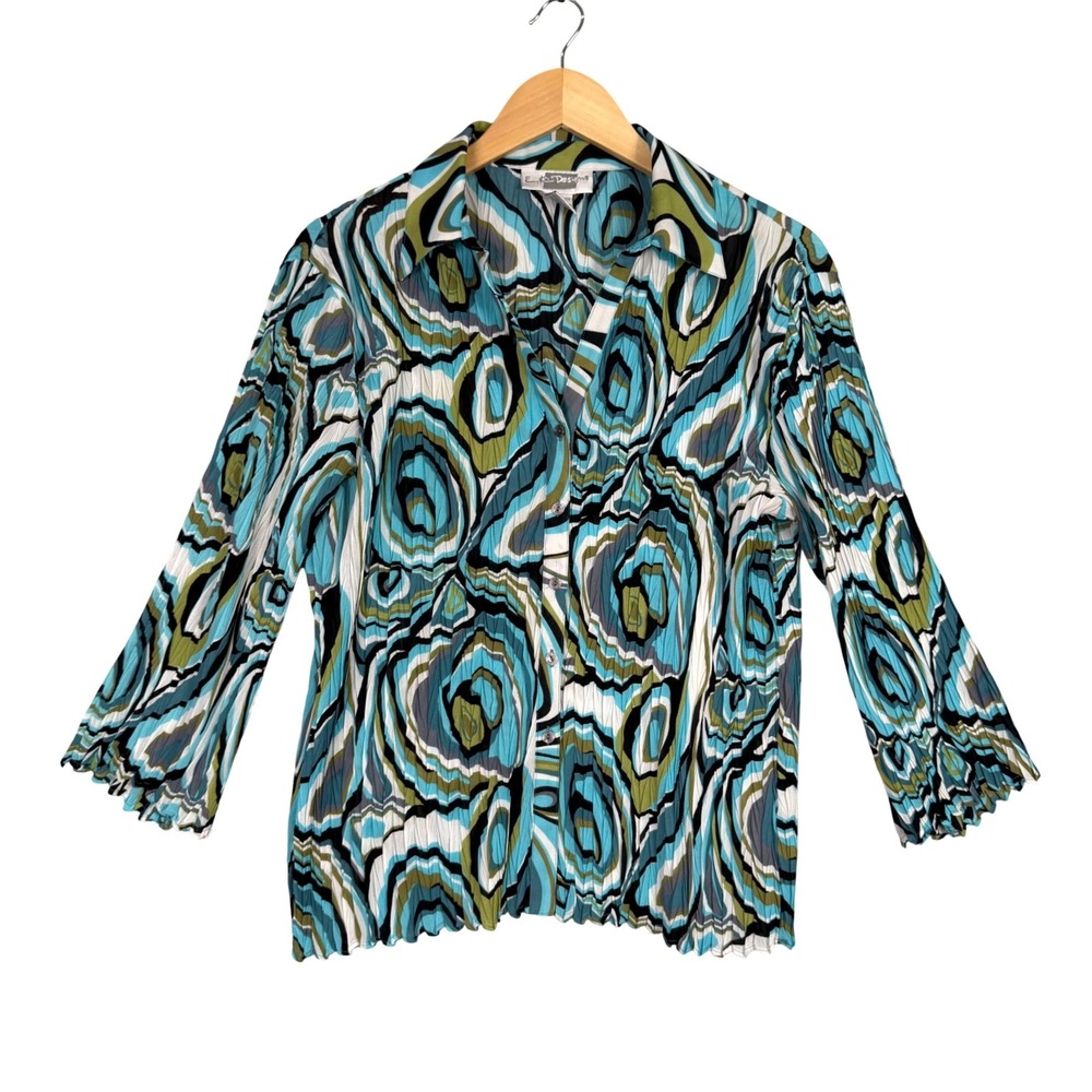 90s E.K. Designs Button Up Top Women Large Blue Green Pleated Plisse Blouse